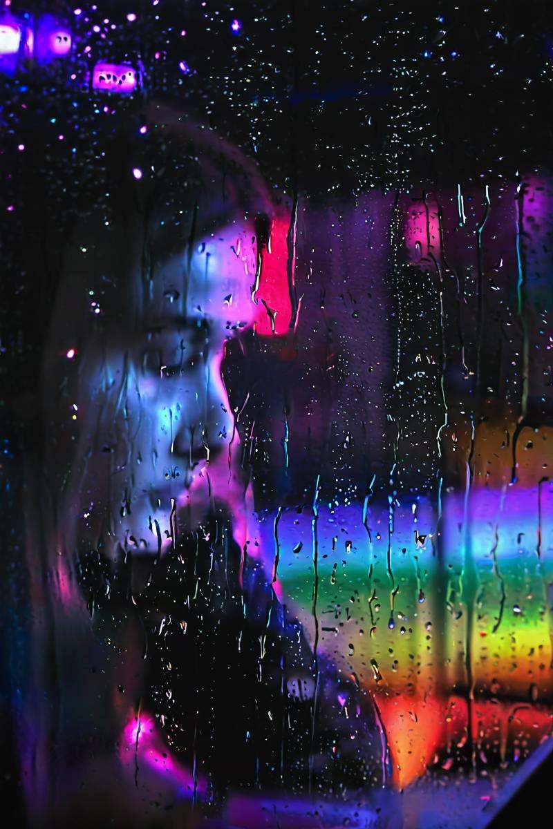 window frame,  blurry sad woman behind a window pane,  at night on Tensor.Art