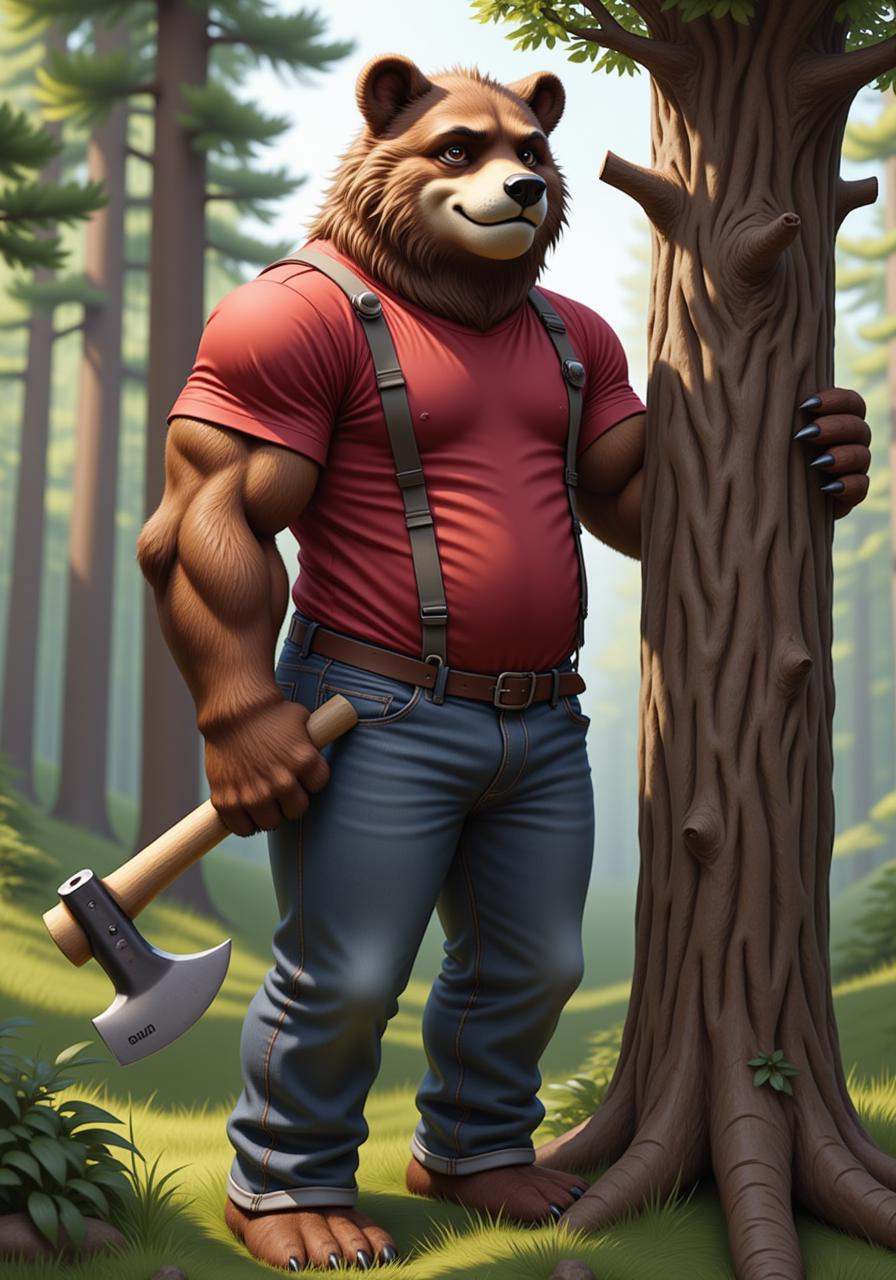 male anthropomorphic bear furry wearing a jeans and a red shirt with an axe in his paws felling a tree in the woods. Frien...
