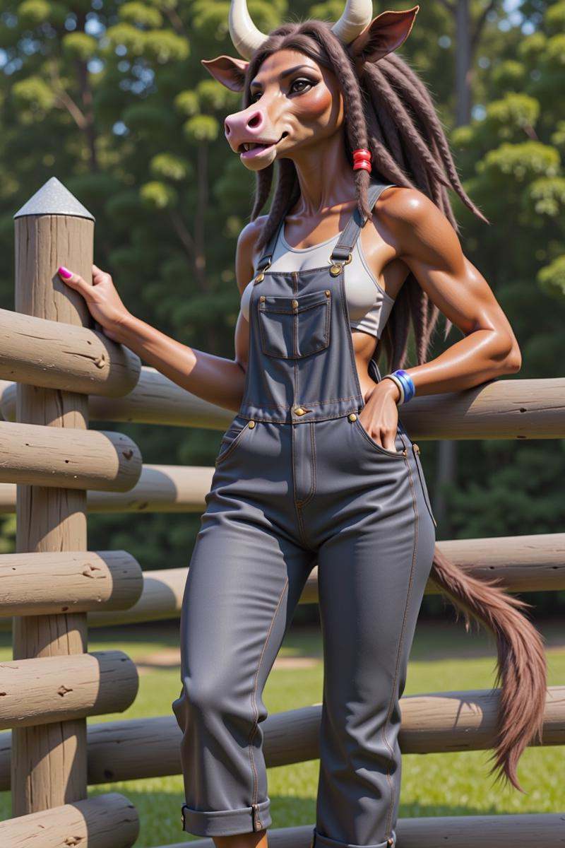 a relaxed photograph of a thoughtful furry woman Cow anthro,  with a lean,  muscular form on Tensor.Art