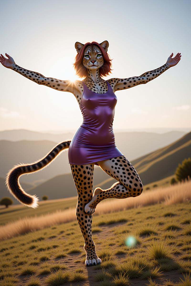 a digital portrait of a gentle woman Leopard furry and she is wearing a tight purple latex mini dres and she is balancing...