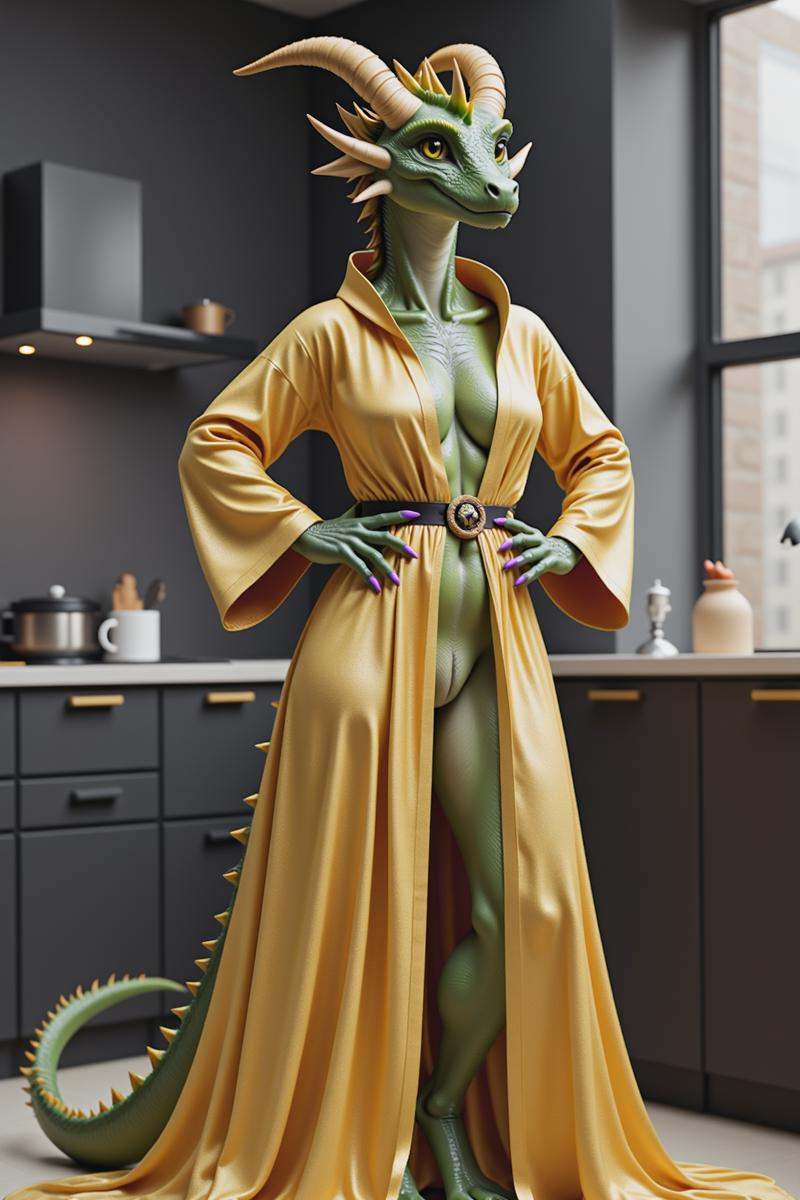 a curious anthro female dragon and her outfit is a shimmering golden priestess robe and she is standing with her hands on...
