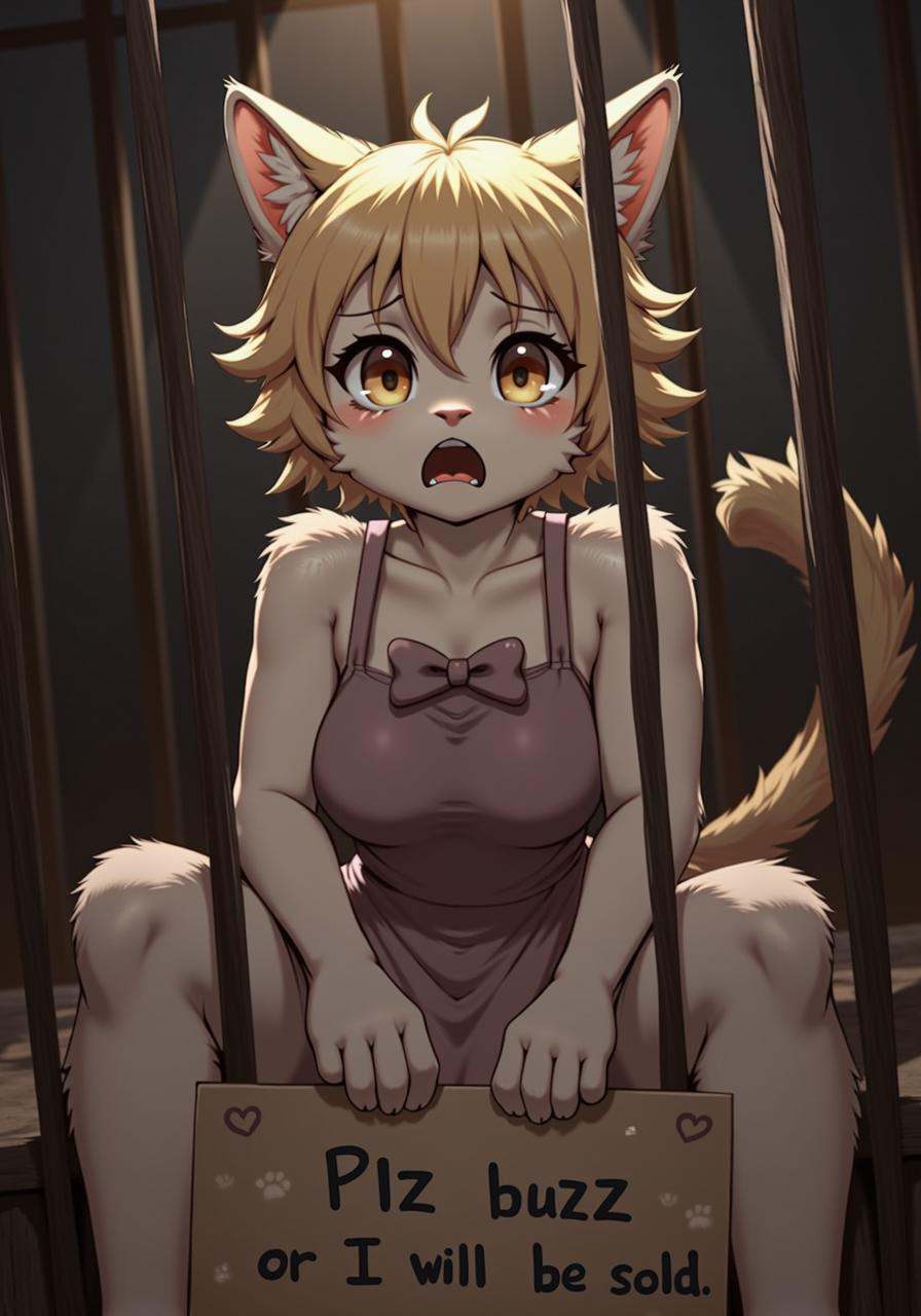 A heart-wrenching scene of an anthropomorphic furry catgirl sitting in a cage,  looking up with huge,  teary on Tensor.Art