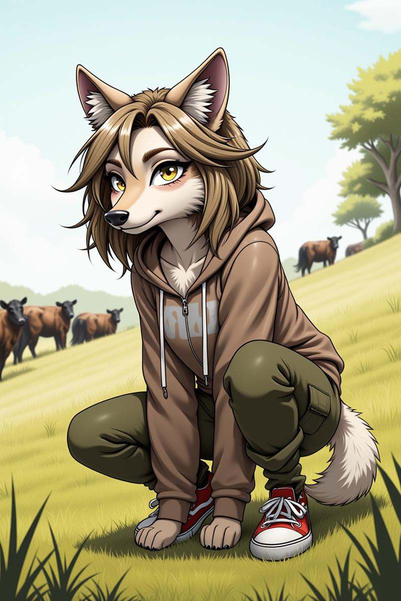 a whimsical cartoon of a relaxed female Wolf,  with a long,  sleek frame and fur that is short and smooth on Tensor.Art