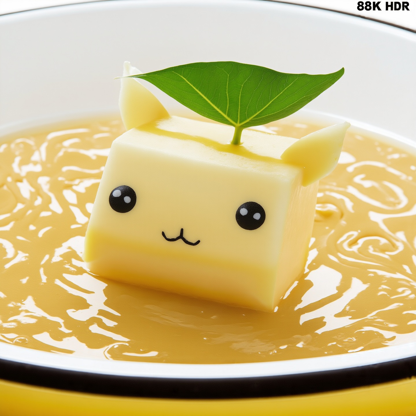 A chibi tofu cube with perked human ears floats in a steaming ramen bowl. Its smooth cream surface shines under vibrant lighting. Big eyes gaze at the viewer. A green tea leaf sits on its head. The scene is ultra-sharp 8K HDR with saturated colors and photorealistic details.