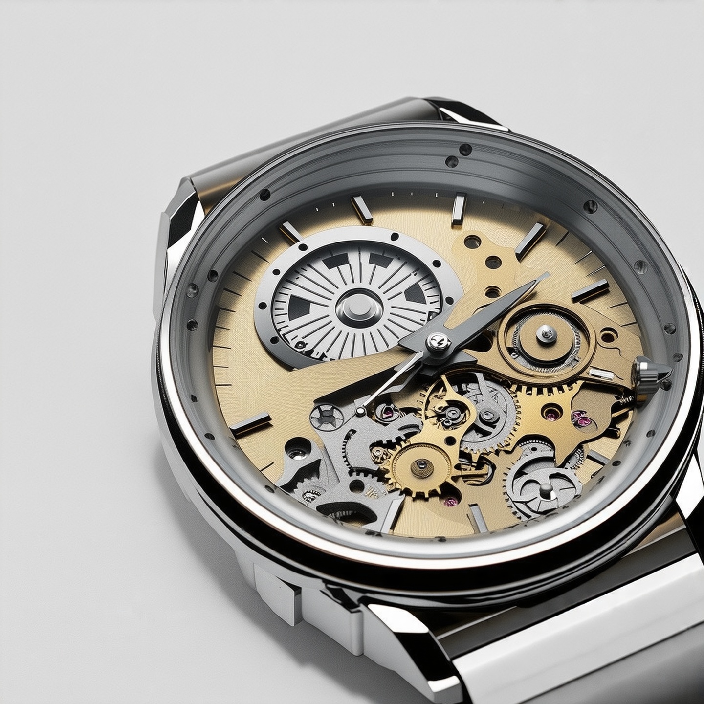 A sleek silver watch with intricate gears visible. Soft golden light highlights details. Minimalist white background. Modern industrial design style. Side view showing depth. Clean composition.