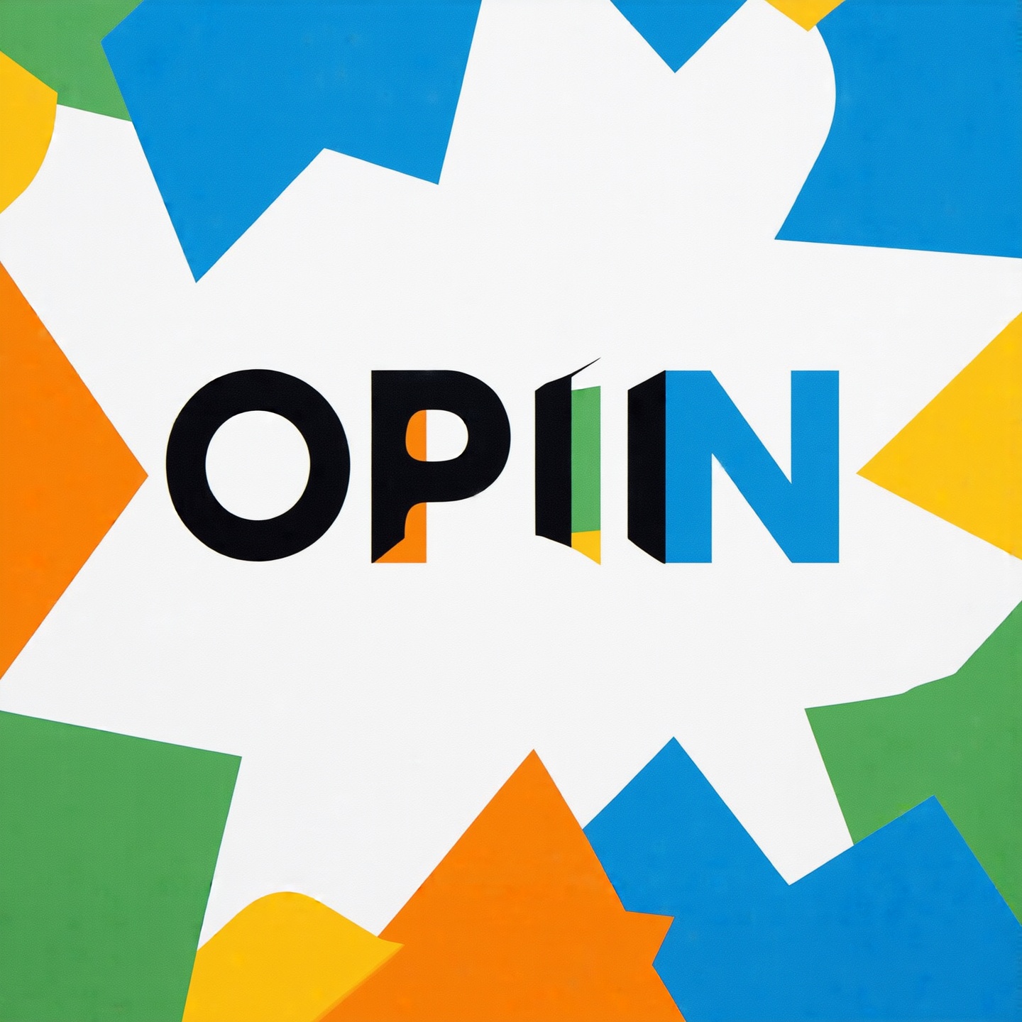Bold OPiN logo on flat white background. Vibrant vector shapes in blue, orange, and green around text. Clean modern style. Sharp edges. Bright colors pop. Simple composition. Dynamic yet balanced look. Professional but playful tone.