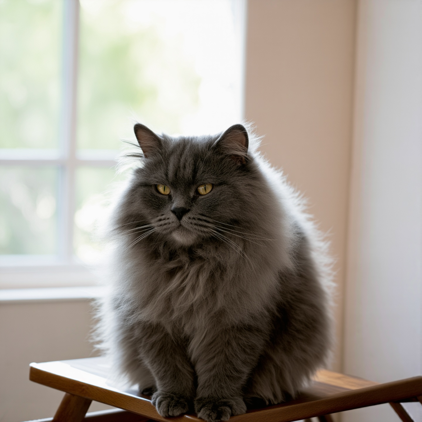 A fluffy gray cat sits on a wooden chair near a sunny window. Soft light highlights its round face. The room has pastel walls and minimalist decor.