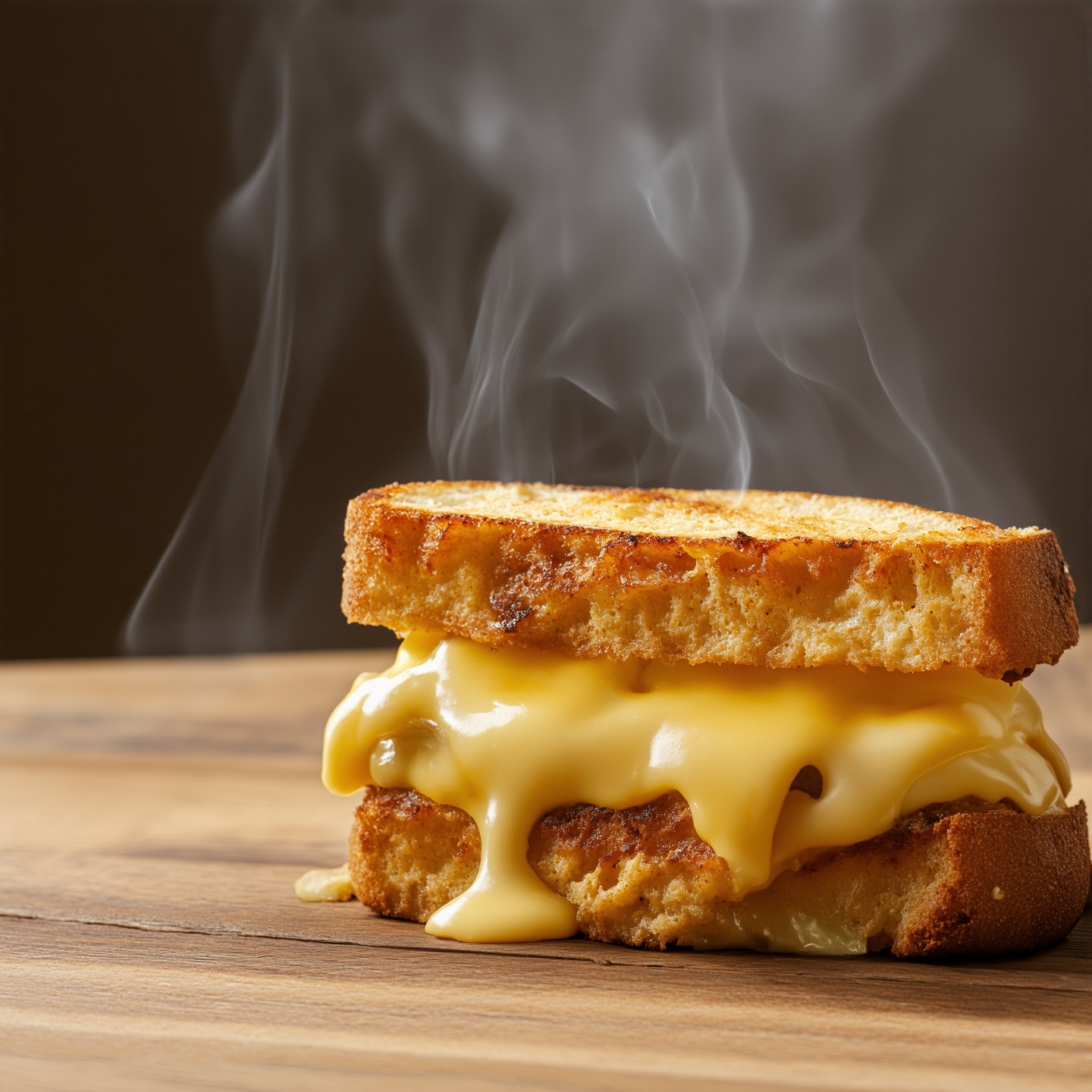 A golden grilled cheese sandwich with gooey melted cheese. Soft lighting from above. Close-up composition. Steam rising. Rustic wooden background. Mouthwatering food photography style.