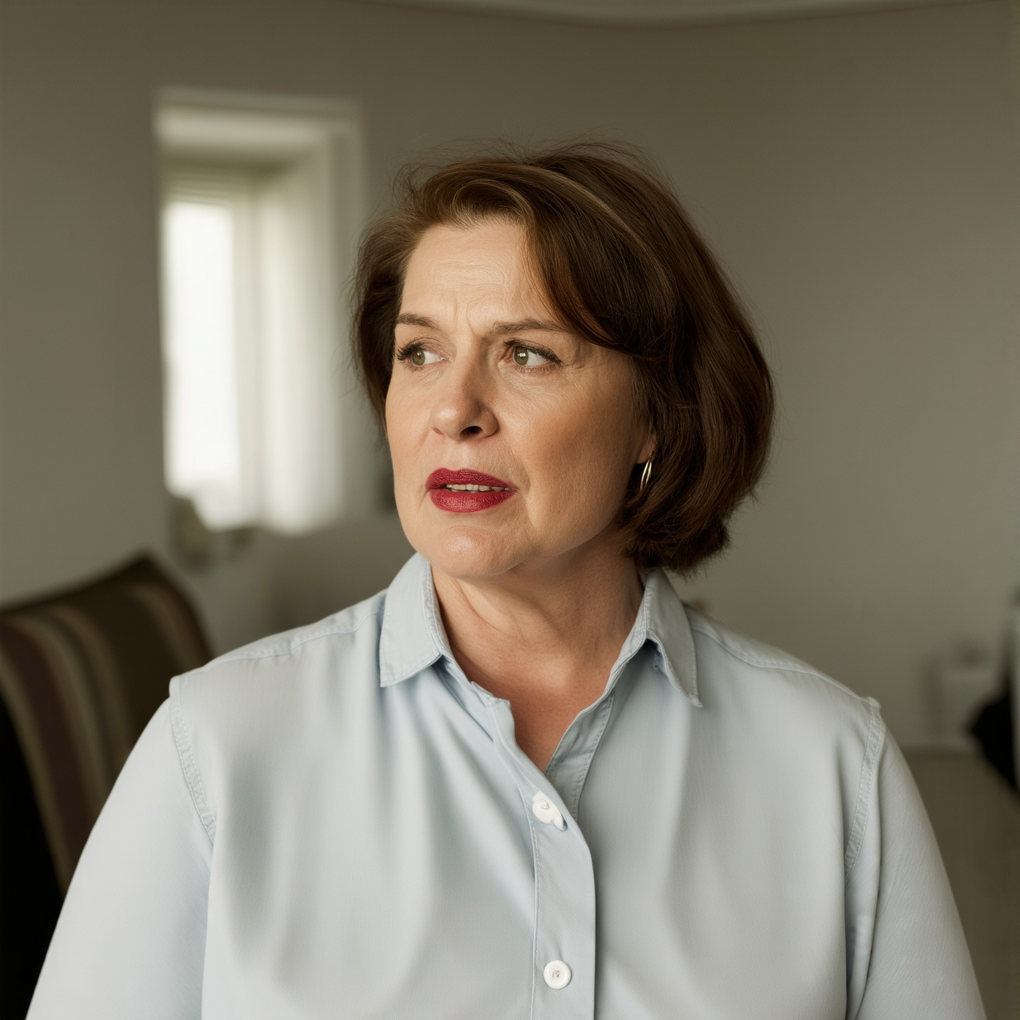 A woman talking in room and wear a shirt