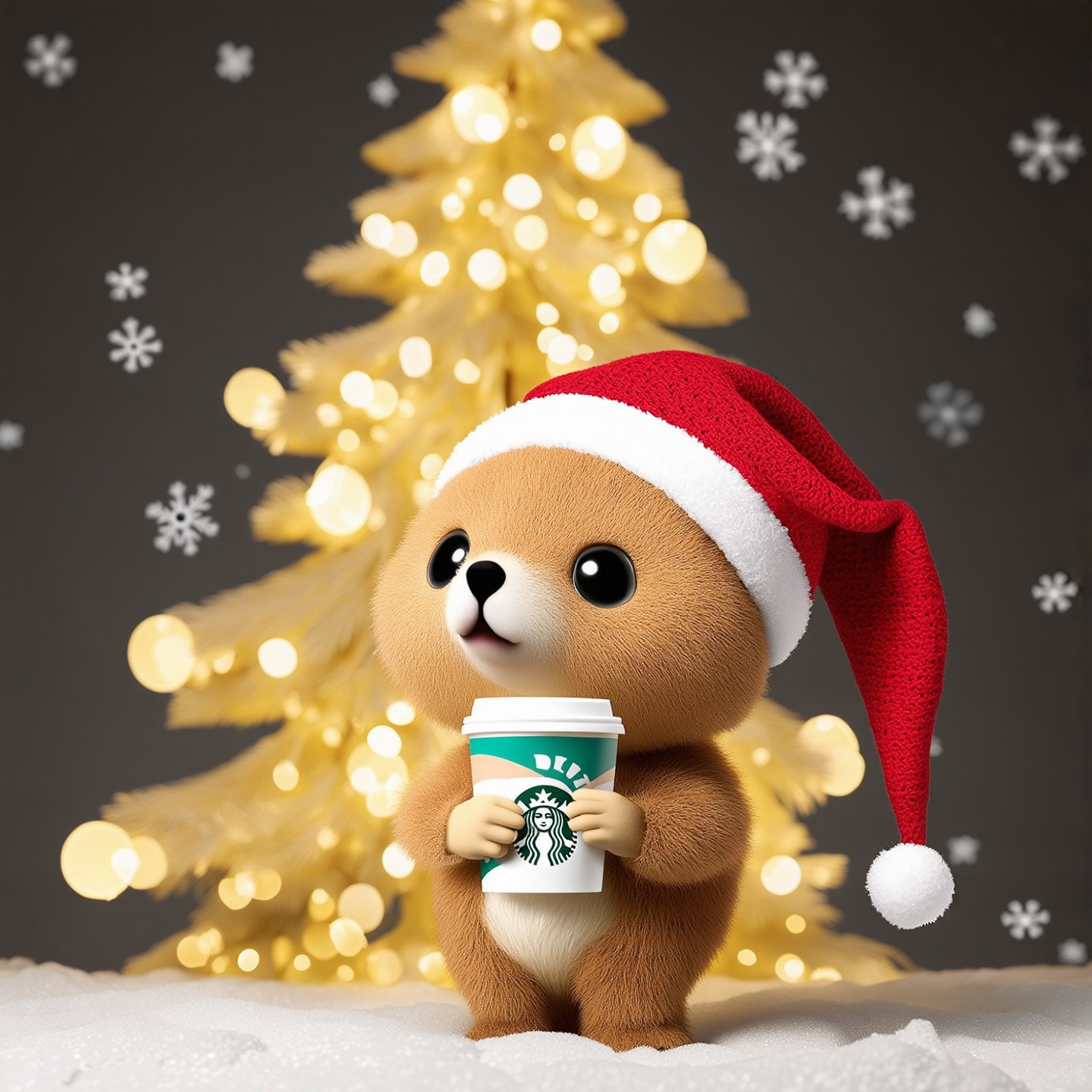 A cute 3D quokka in chibi style stands under a glowing Christmas tree. It wears a red Santa hat and holds a frappuccino cup. Pastel colors shine with soft lights. Snowflakes float around. Perfect body proportions and detailed face pop in high definition. Composition is cozy and festive.