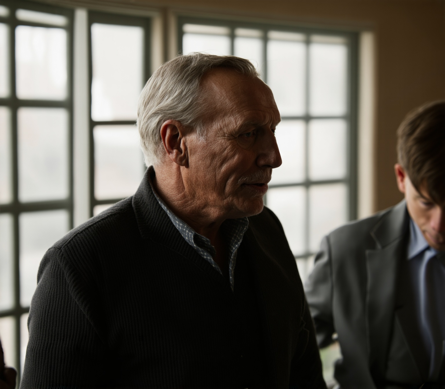 a old man talking in room,dim enviorment
