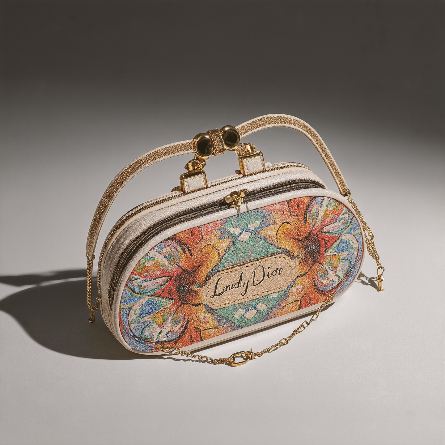 A dainty Lady Dior bag in vibrant gouache with ink details. Soft light highlights ornate textures. Calligraphic lines add drama. Composition is cinematic. Colors pop with retro flair. Style feels iconic and detailed.