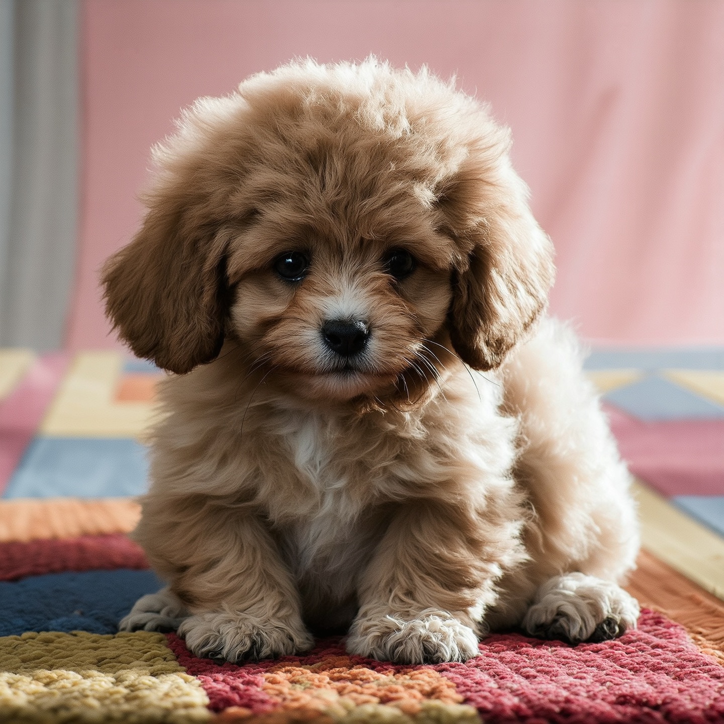 A fluffy puppy with big eyes sits on a colorful rug. Soft natural light highlights its fur. Composition focuses on playful energy and warmth. Pastel backdrop adds charm.