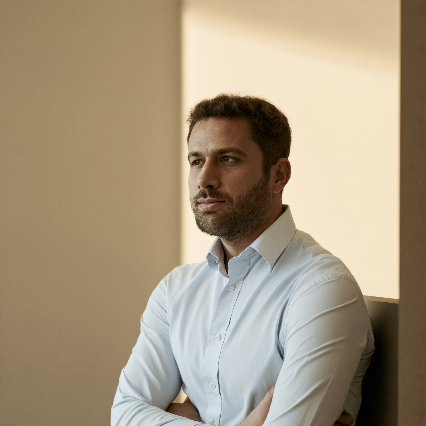 A man in a modern office. Warm light. Clean lines. Minimalist desk. Professional posture. Soft shadows. Neutral tones. Focused expression. Sleek design.