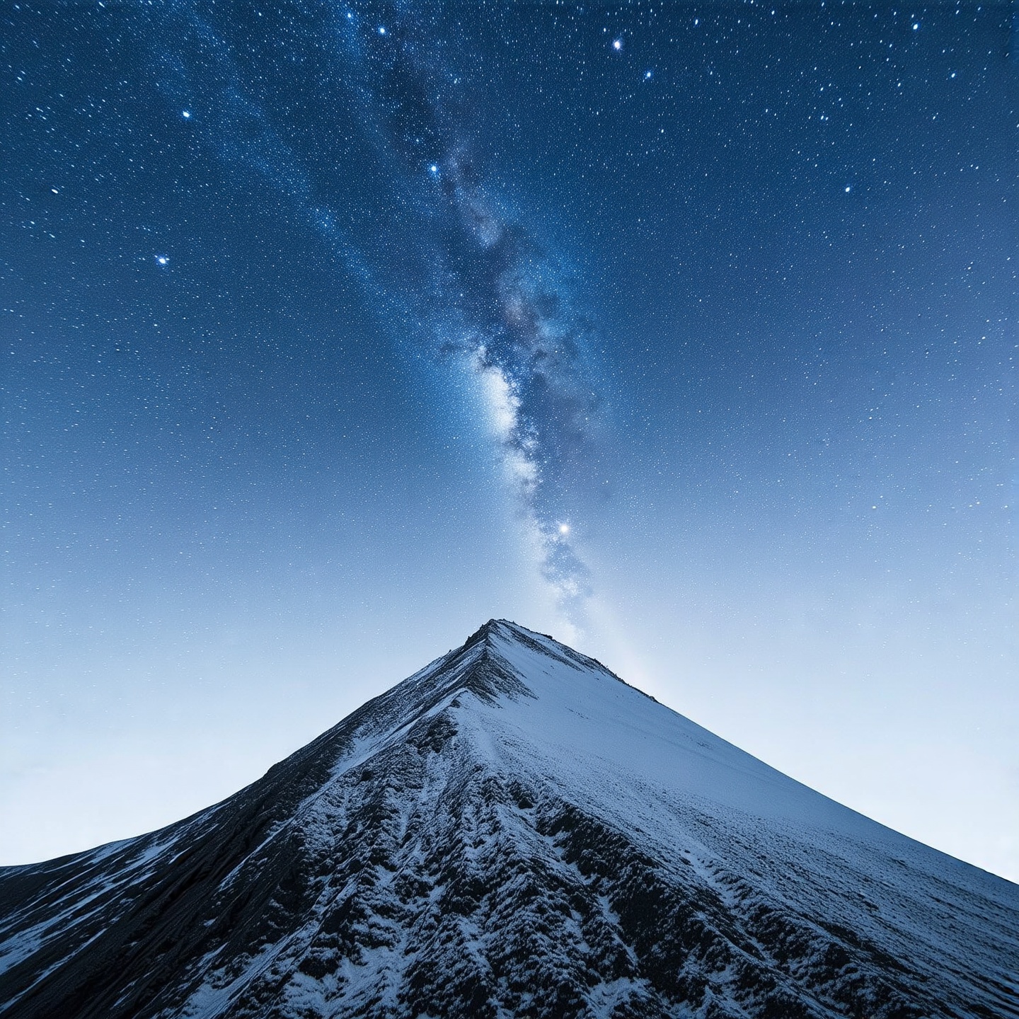 A snowy mountain under a starry galaxy sky. Soft lights on the peak. Wide-angle view. Nature's beauty meets cosmic wonder. Cool tones. Symmetrical composition.
