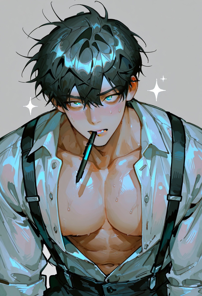 1boy,  damp_short_hair,  unbuttoned_shirt on Tensor.Art