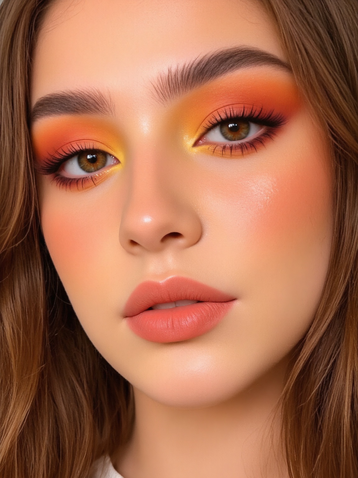 A stunning close-up portrait of a young woman with flawless,  smooth,  and radiant skin. She has warm on Tensor.Art