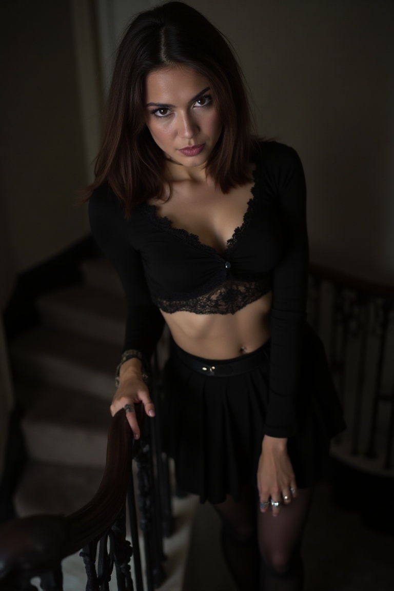 AnaModel stands above the camera,  leaning slightly forward on a staircase railing,  offering a provocative low-angle shot...