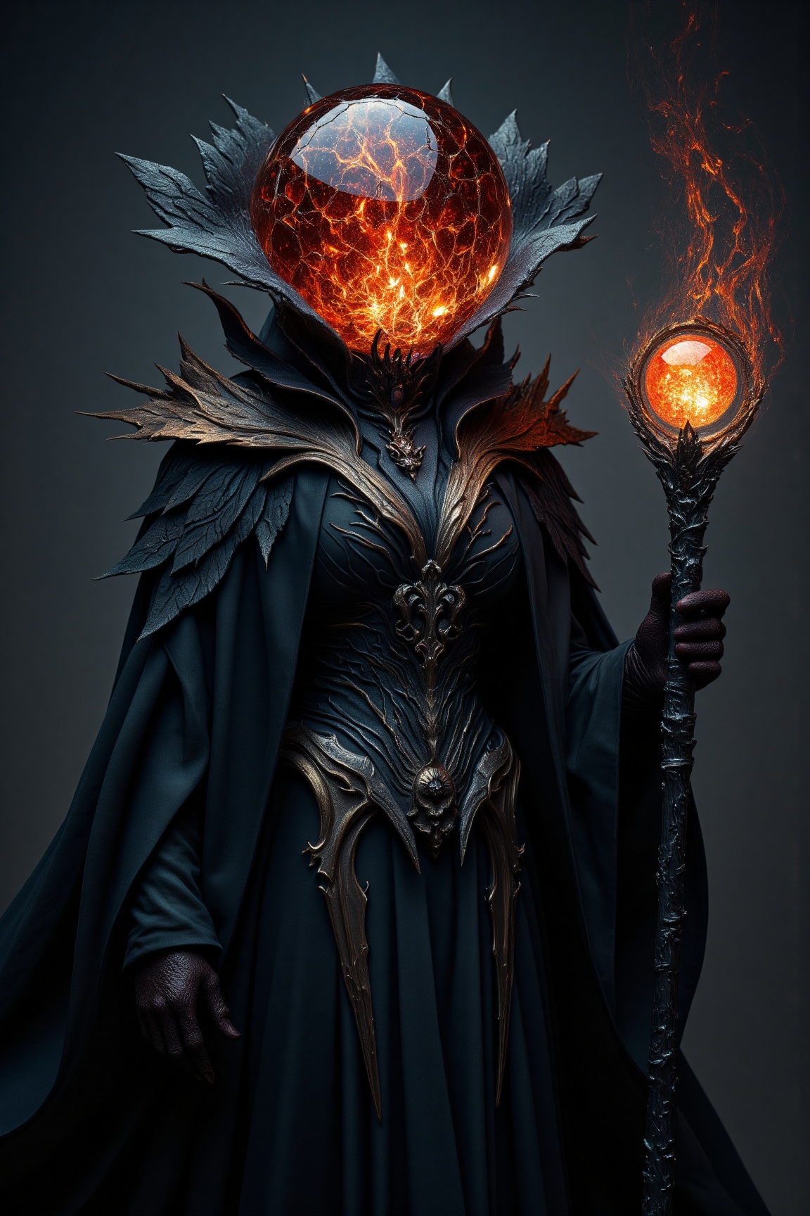 a mysterious and otherworldly figure with a dark,  gothic fantasy aesthetic. The character appears to be a sorceress or an...