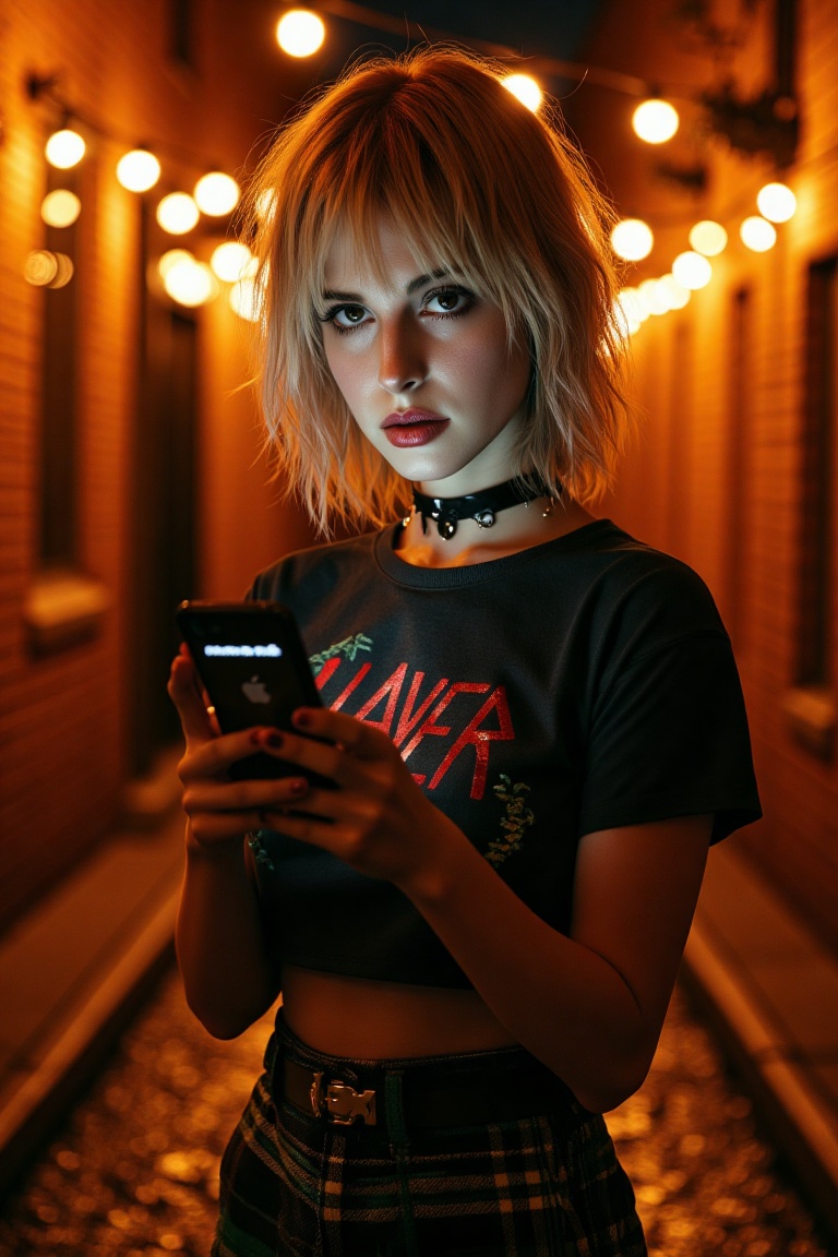 Ultra-realistic fashion photography. a beautiful hayley williams with platinum blonde hair styled with bangs,  bold winged...
