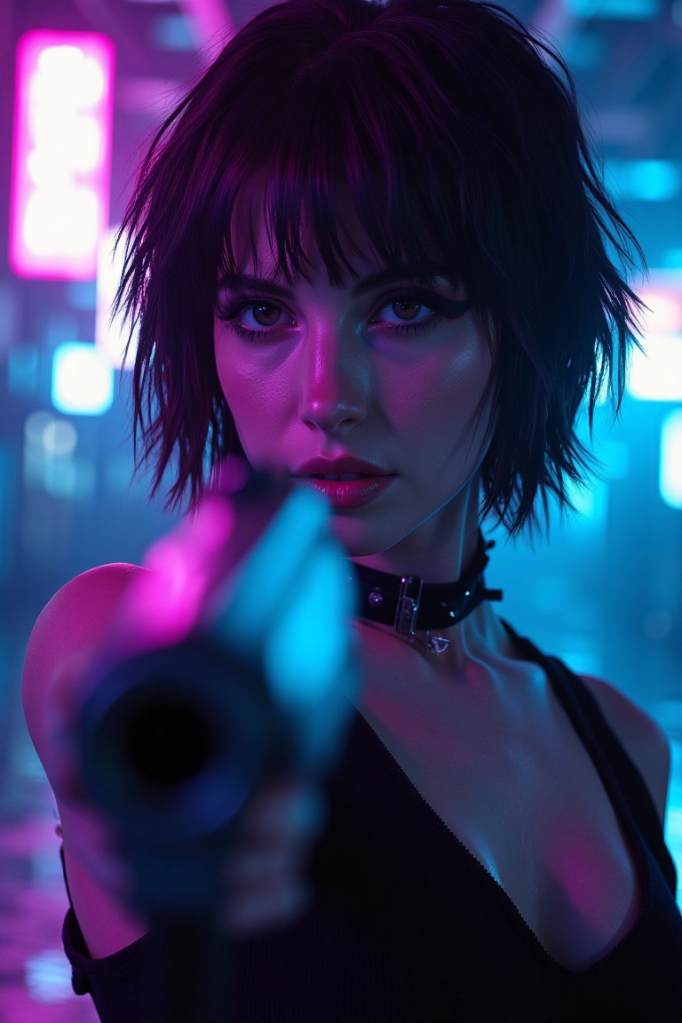 a movie poster: Hayley Williams with disheveled short hair and bangs,  choker,  winged eyeliner with a gun pointed towards...
