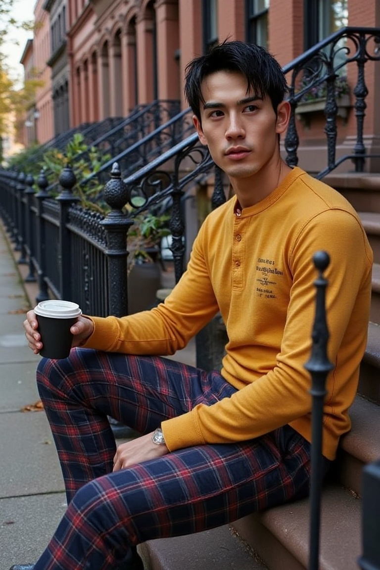 Person description: a Japanese asian man around 48 years old with a chiseled jawline and short,  thick black hair styled s...