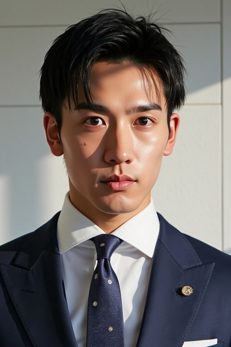 A sharp-dressed handsome japanese man in early 30s with single eyelid and sharp face. natural light from the window castin...