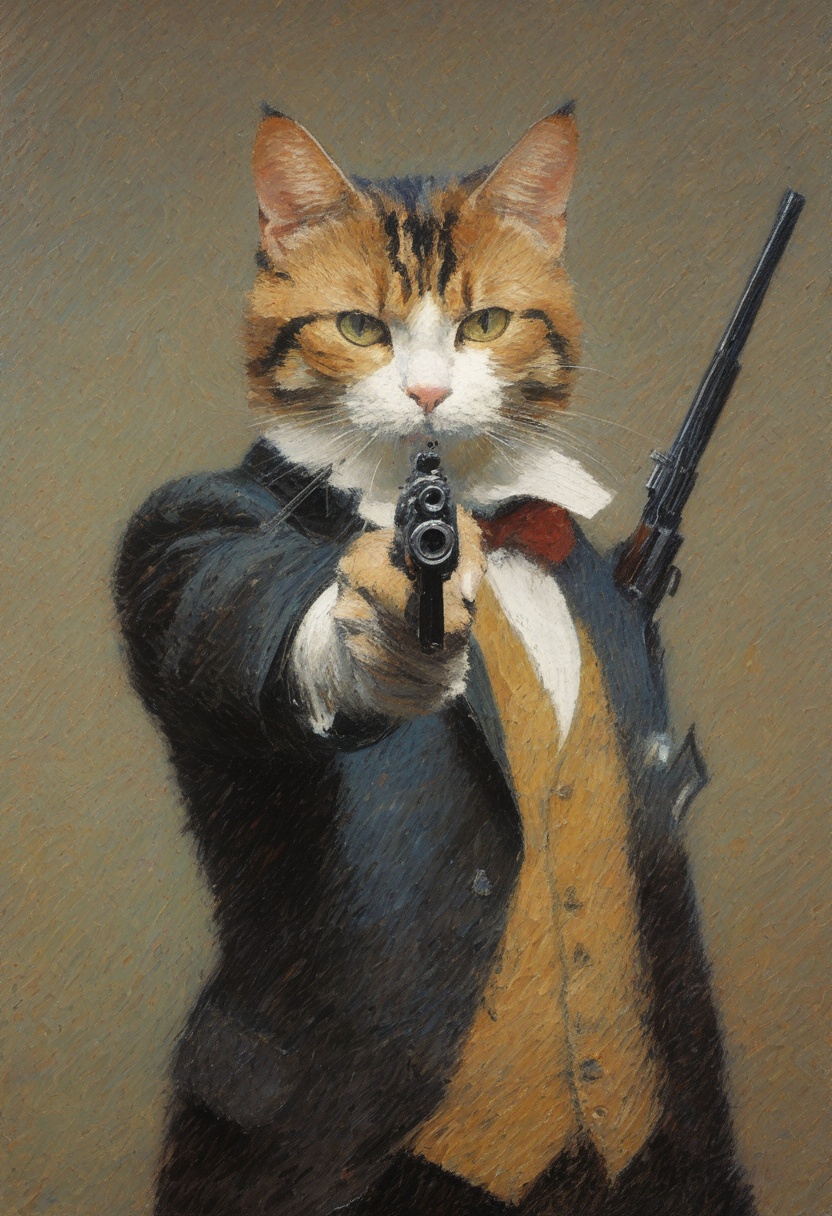 impressionism,  painting,  cat pointing a gun at the viewer on Tensor.Art