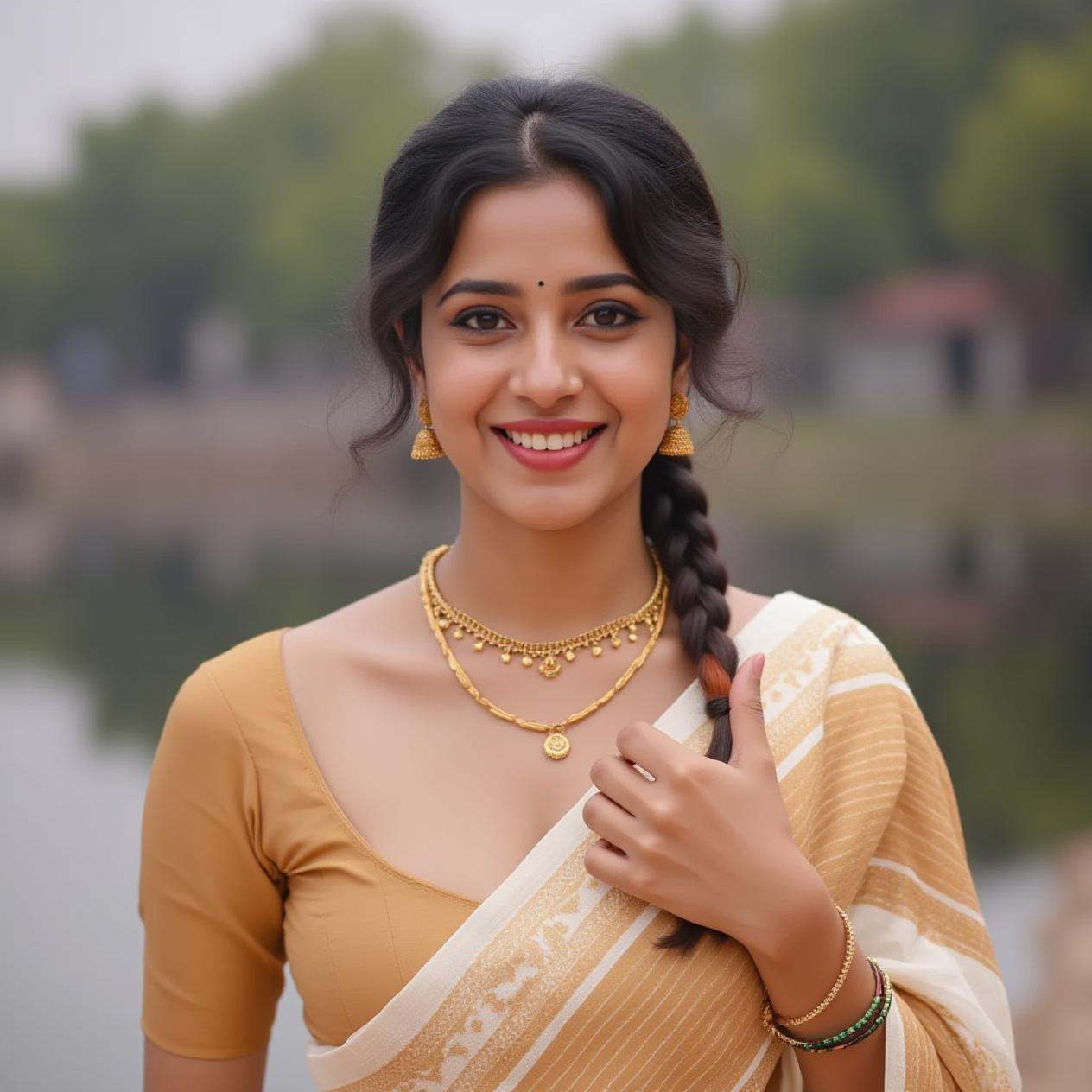 Cropped image of an indian woman from head to calves.,  She is wearing only a blouse without any clothes beneath her waist...
