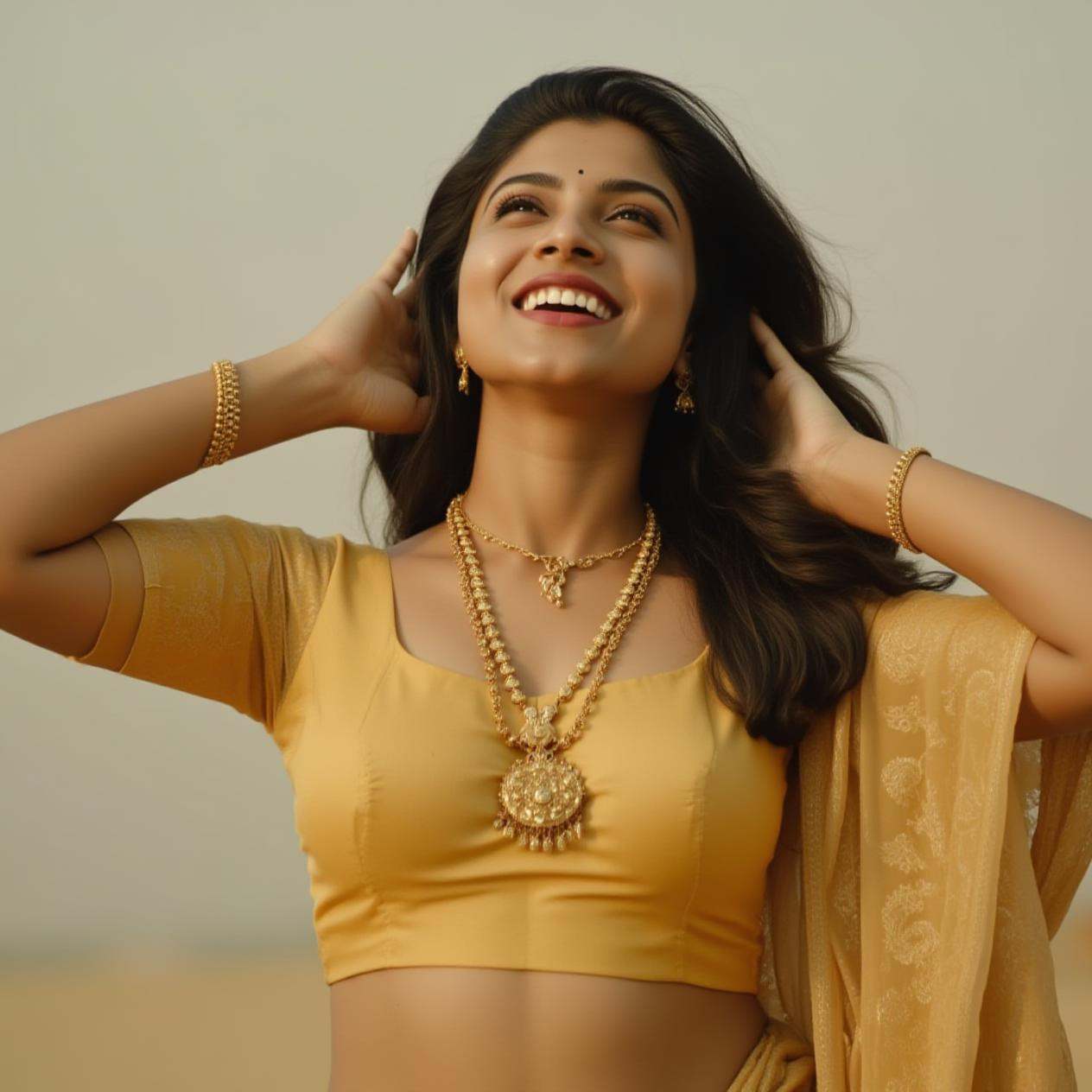Full size image of an indian woman from head to toe. She is wearing gold anklets in her both legs. Both the anklets have b...