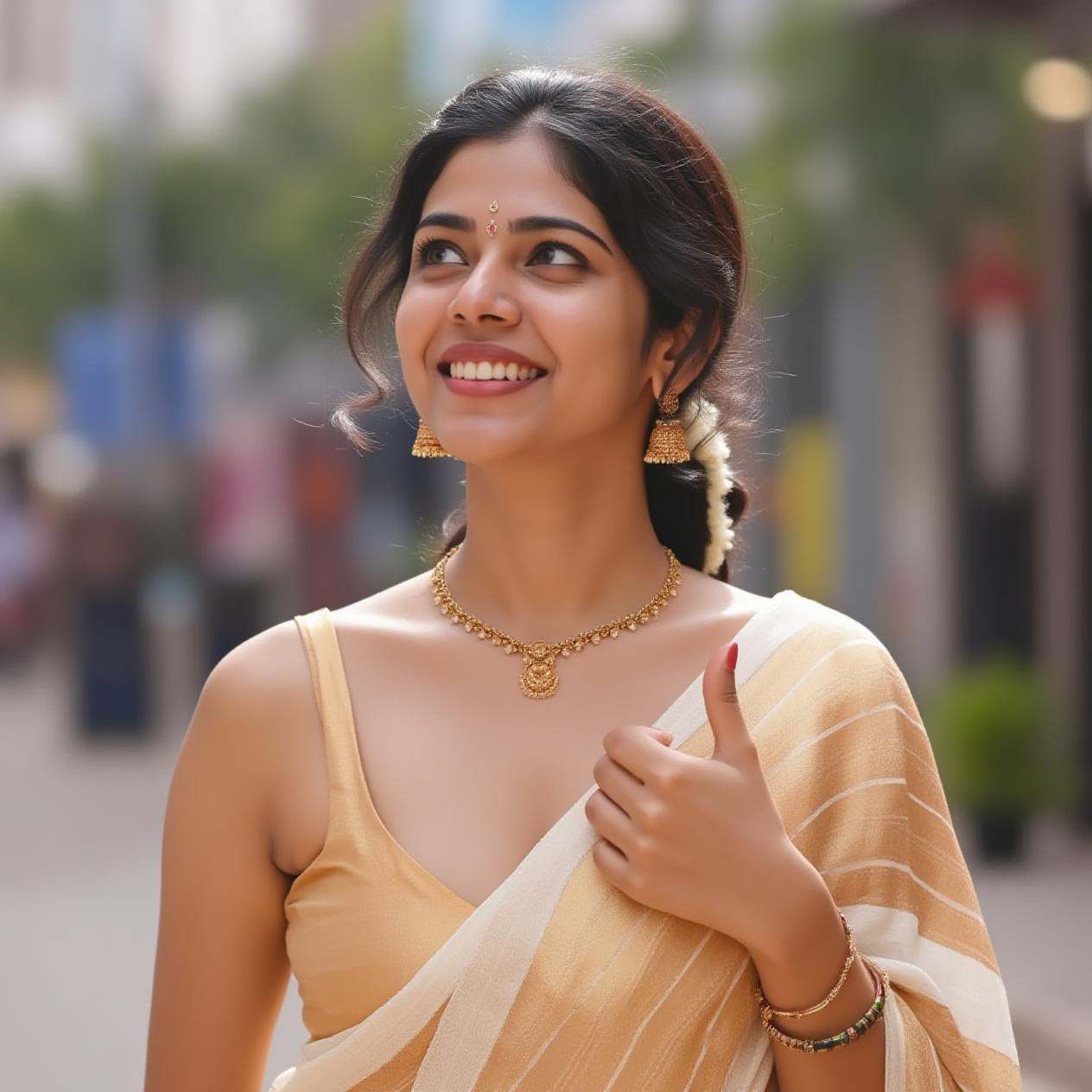 Cropped image of an indian woman from head to calves.,  She is wearing only a blouse without any clothes beneath her waist...