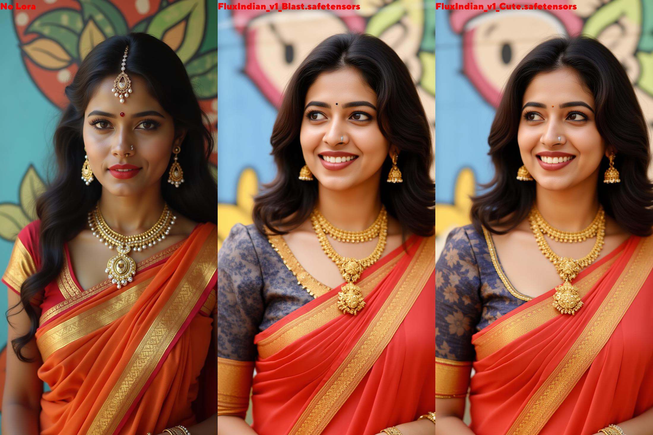 Cropped image of an indian woman from head to breasts.,  She is wearing a blouse with golden designer border and a saree w...