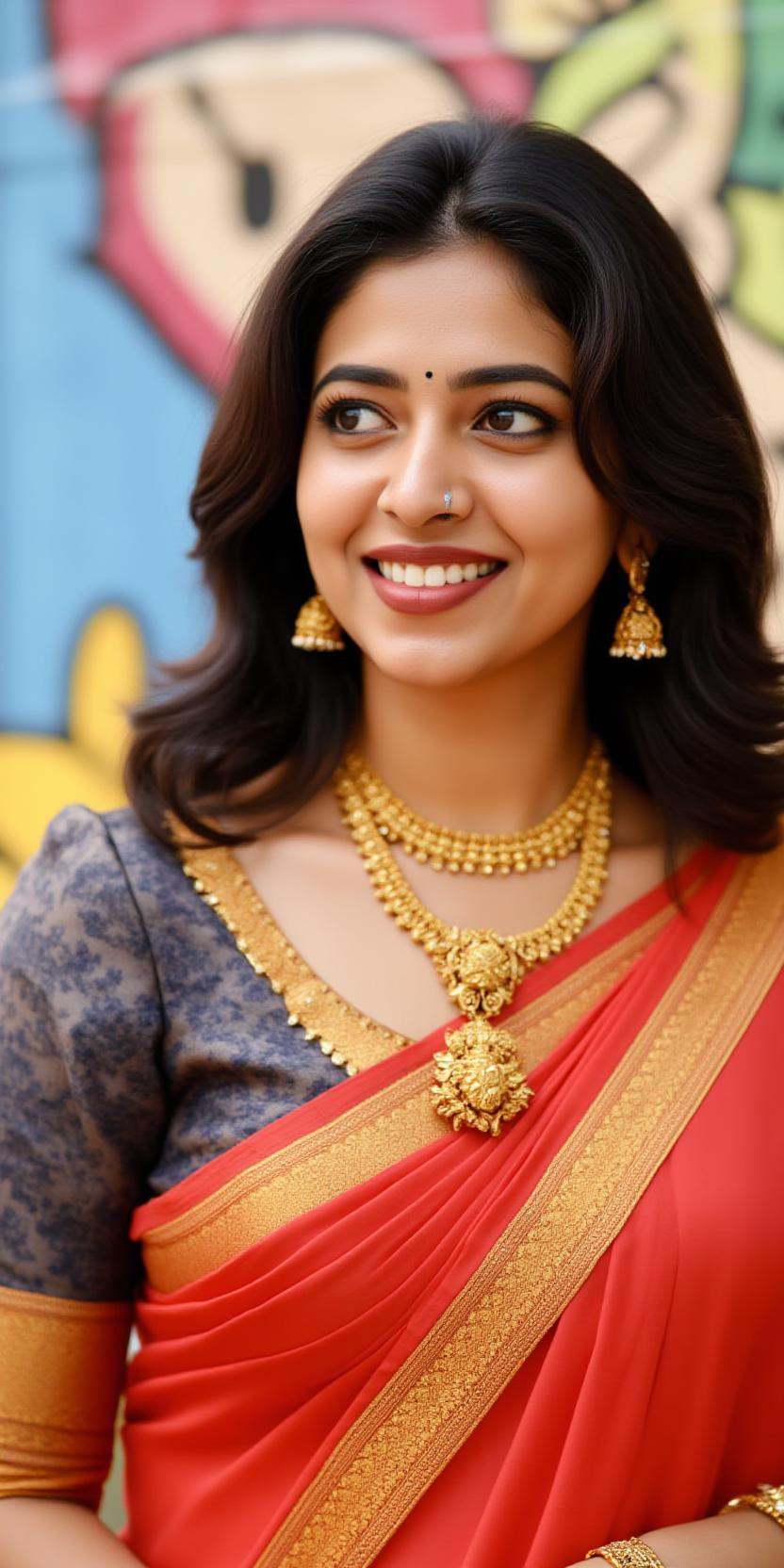 Cropped image of an indian woman from head to breasts.,  She is wearing a blouse with golden designer border and a saree w...
