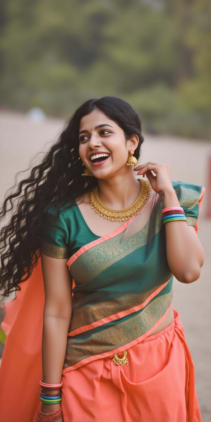 Full size image of an indian woman from head to toe. She is wearing gold anklets in her both legs. Both the anklets have 3...