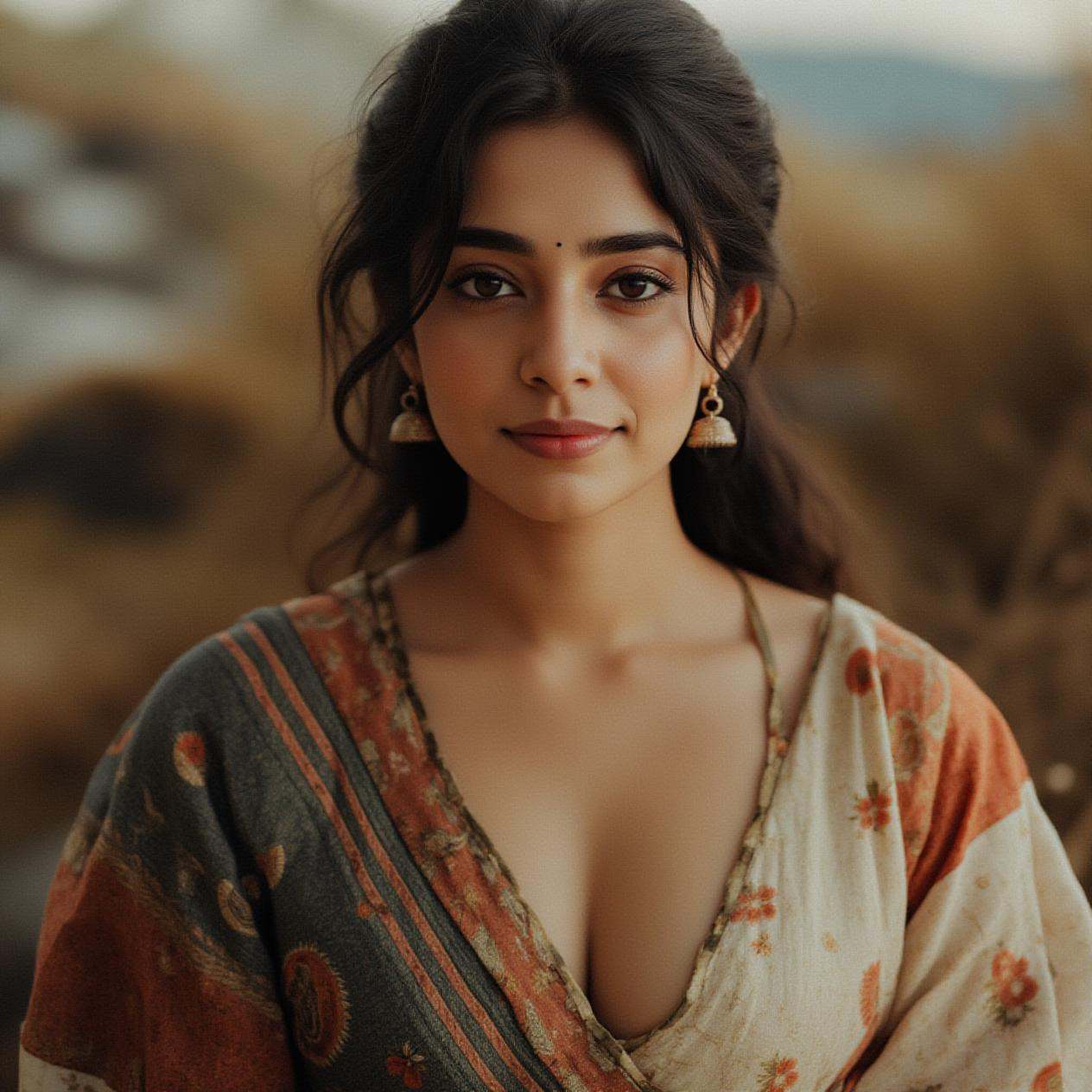 Full size image of a gorgeous young woman in her 20s from head to toe. Extremely beautiful face. She is wearing gold jhumk...