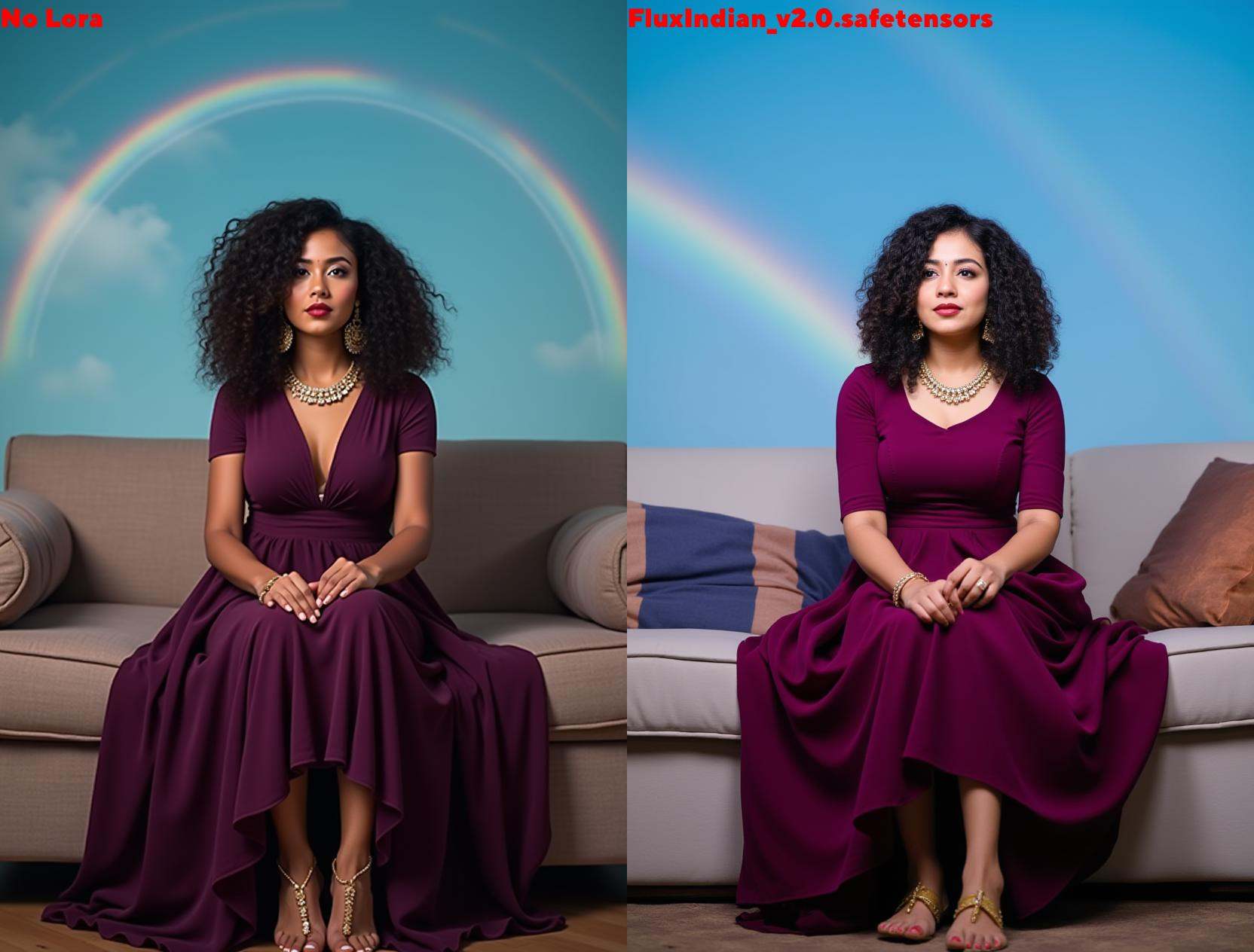 Full size image of an indian woman from head to toe.She is sitting on a sofa with her legs spread.She is wearing a maxi-dr...