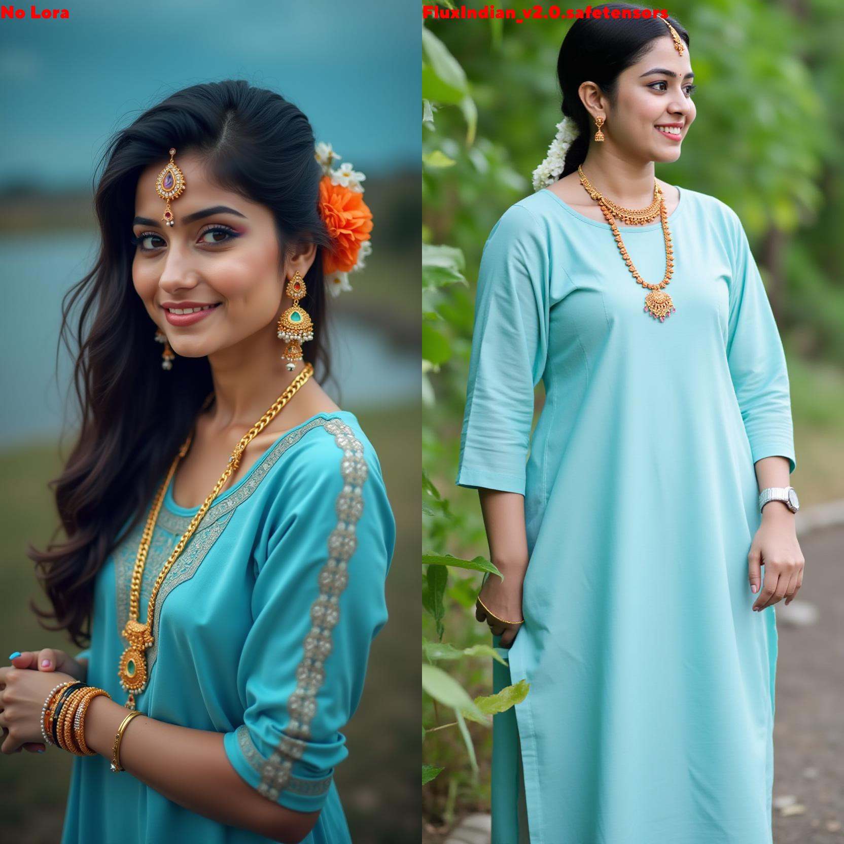 Cropped image of an indian woman from head to thighs.She is standing.She is wearing Light Blue kurta without leggings.Clou...
