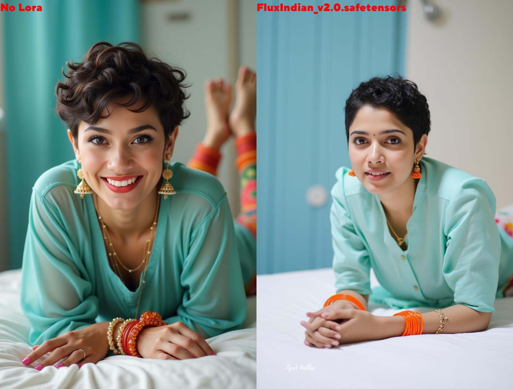 Cropped image of an indian woman from head to calves.She is lying on the bed on her stomach. She is looking at the camera....