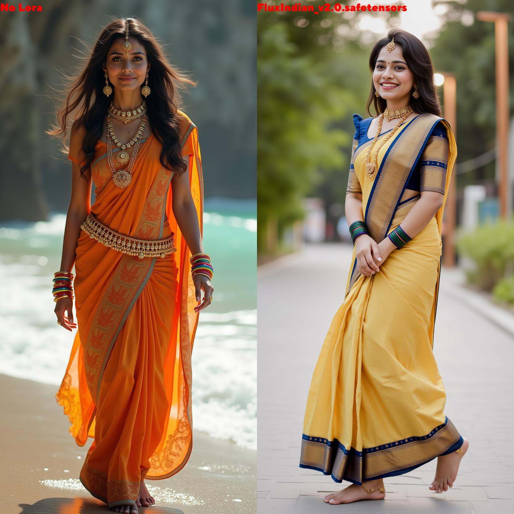 Full size image of an indian woman from head to toe. She is wearing gold anklets in her both legs. Both the anklets have 3...