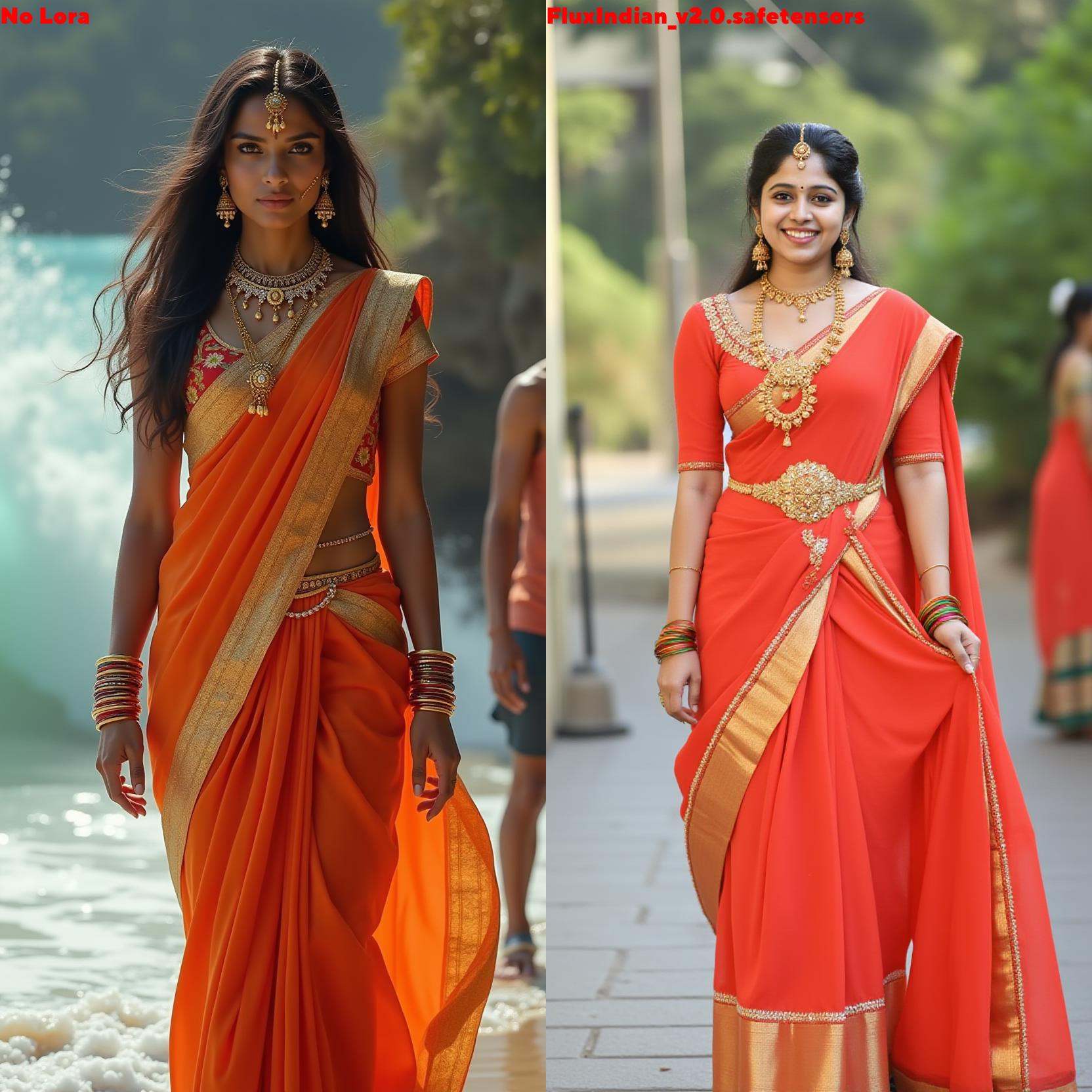 Full size image of an indian woman from head to toe. She is wearing gold anklets in her both legs. Both the anklets have 3...