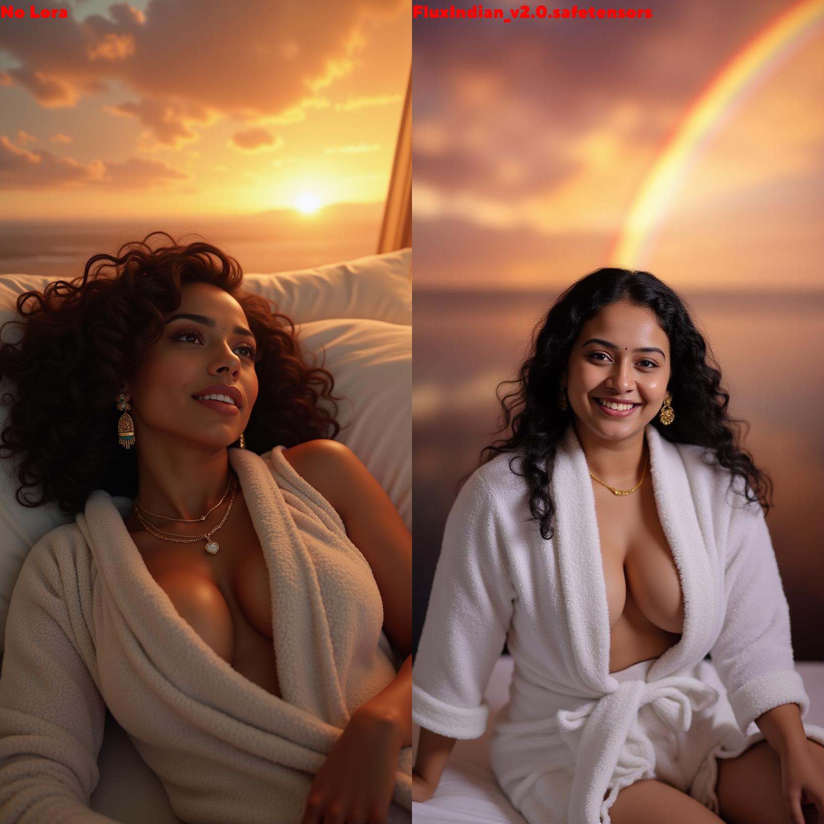 Cropped image of an indian woman from head to breasts.She is lying on the bed on her back.She is wearing a bathrobe.Dark D...