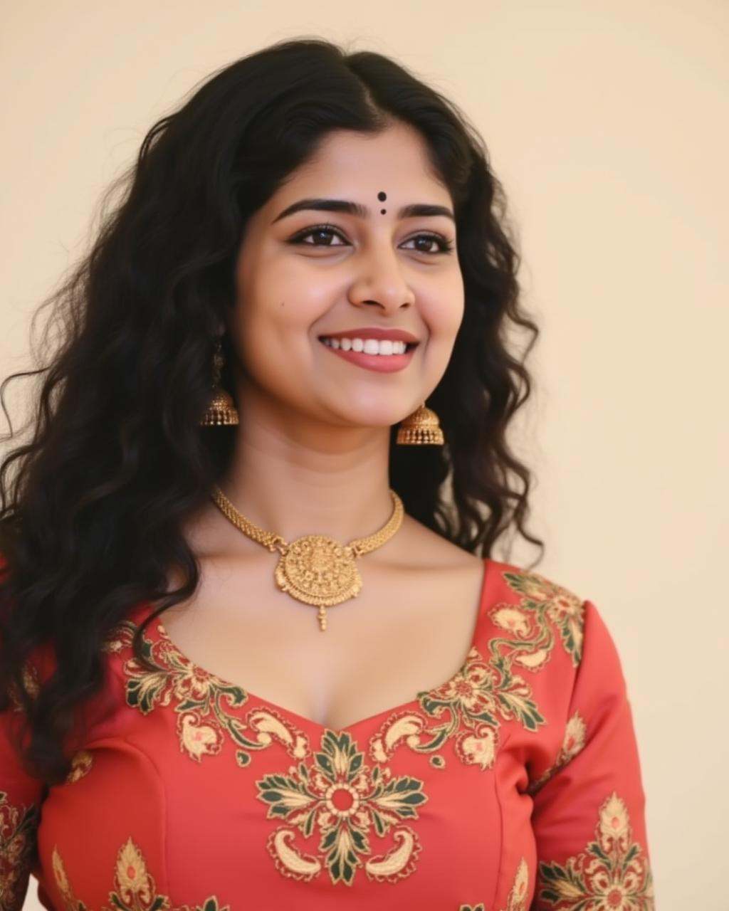 Cropped image of an indian woman from head to waist. She has a sexy and cute face. She has very beautiful face. She is wea...