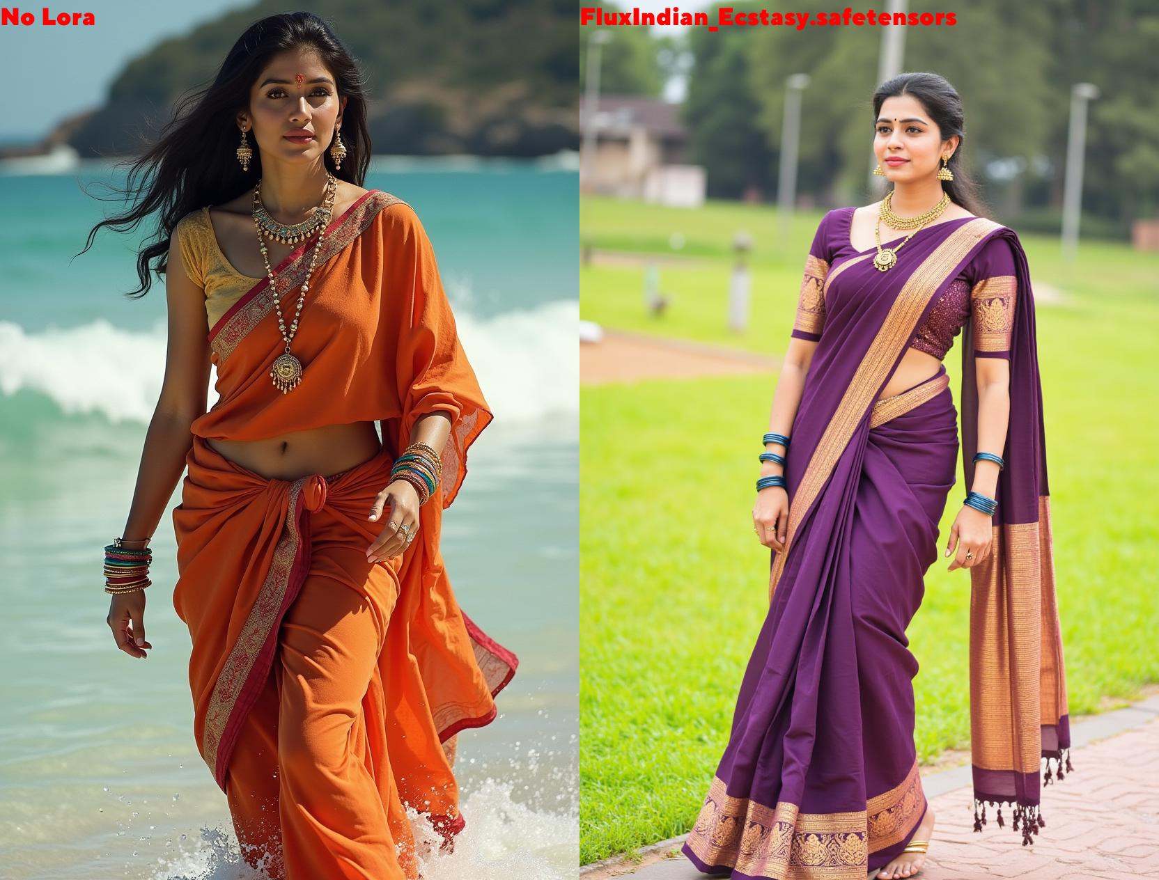 Full size image of an indian woman from head to toe. She is wearing gold anklets in her both legs. Both the anklets have 3...