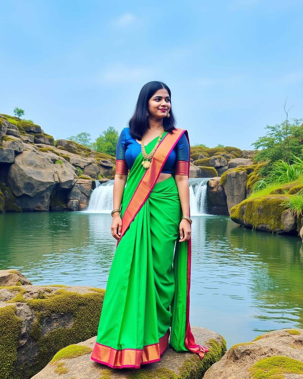 Full size image of an indian woman from head to toe.She is standing.She is wearing a Blue blouse with Light Red border and...