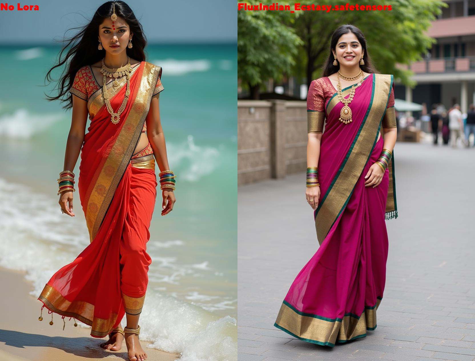 Full size image of an indian woman from head to toe. She is wearing gold anklets in her both legs. Both the anklets have 3...