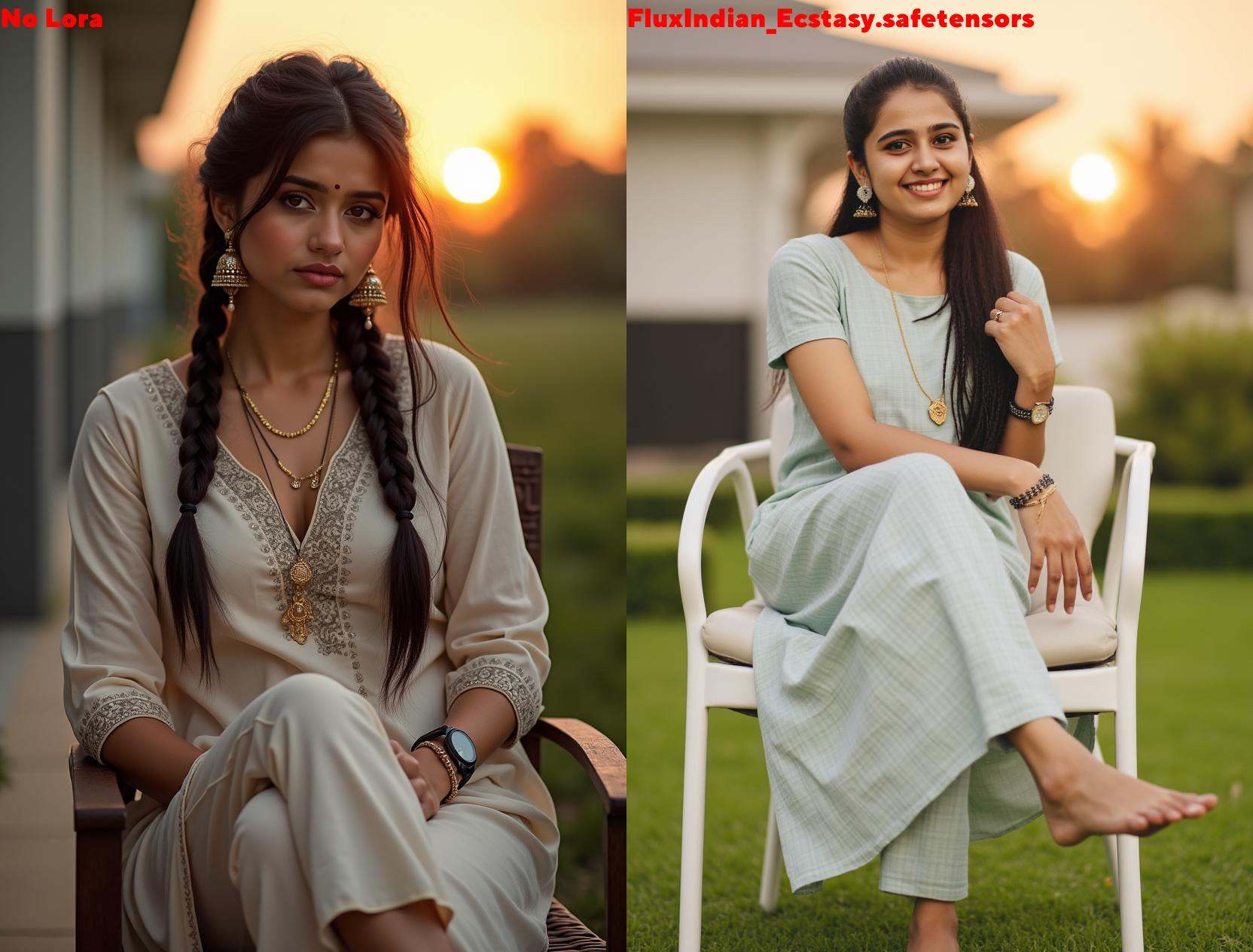Full size image of an indian woman from head to toe. She is sitting on a chair. She is wearing kurta and an ankle length l...