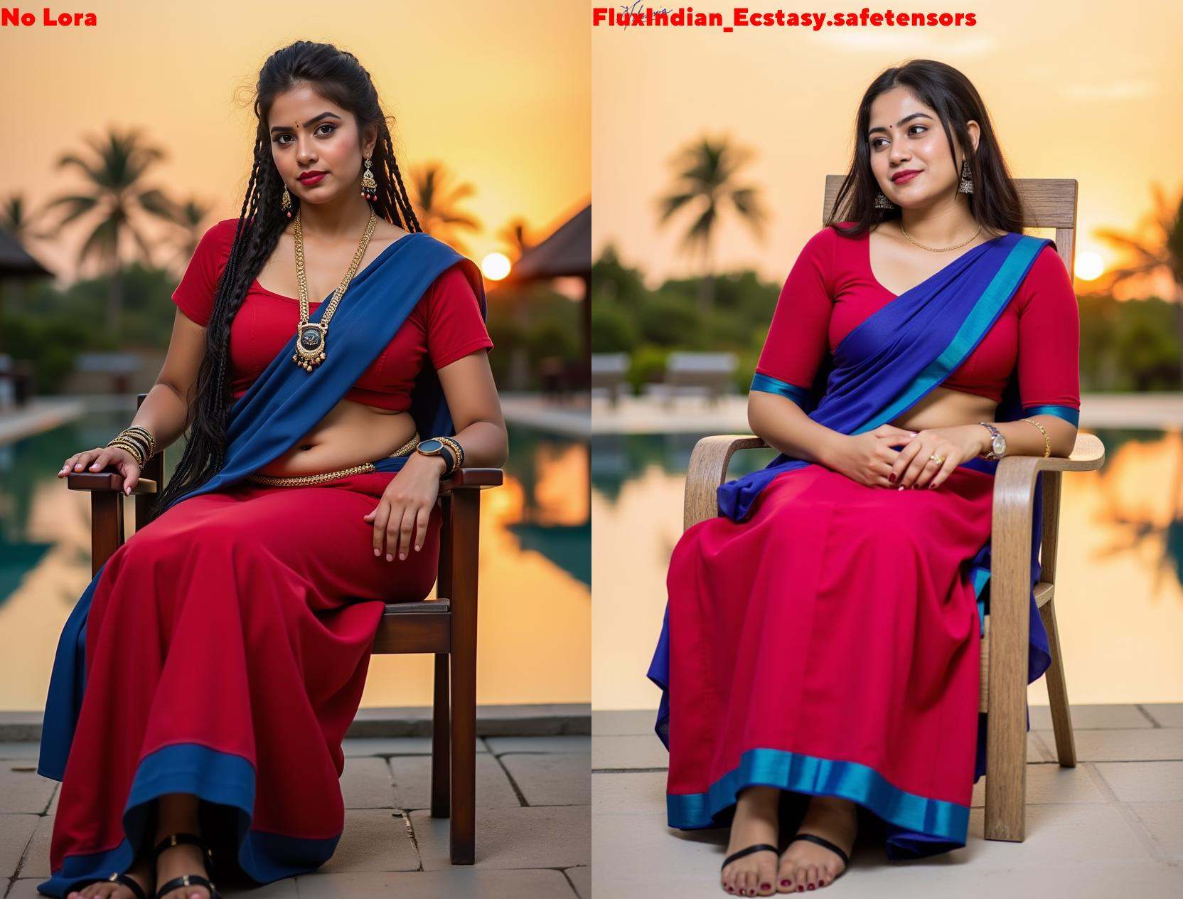 Full size image of an indian woman from head to toe. She is sitting on a chair. She is wearing a red blouse,  blue half-sa...