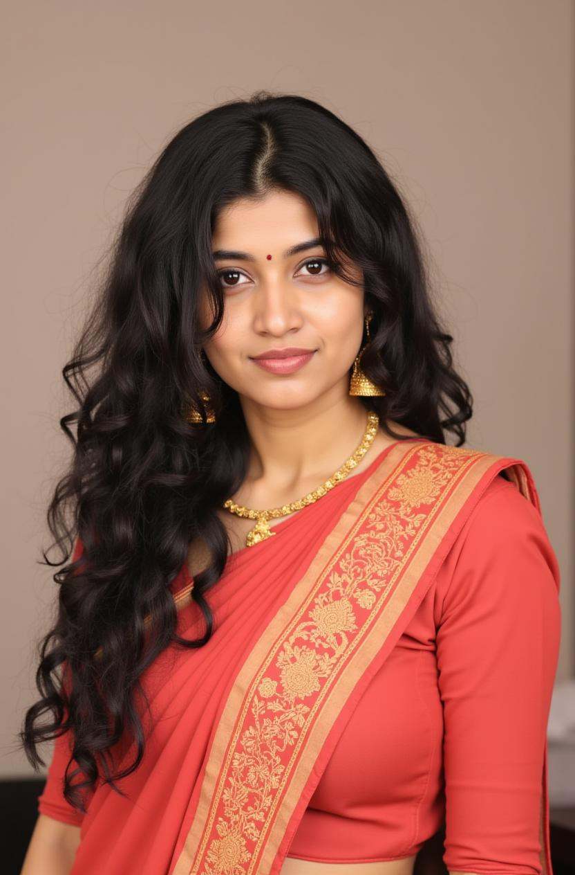 Cropped image of an indian woman from head to waist. She has a sexy and cute face. She has very beautiful face. She is wea...