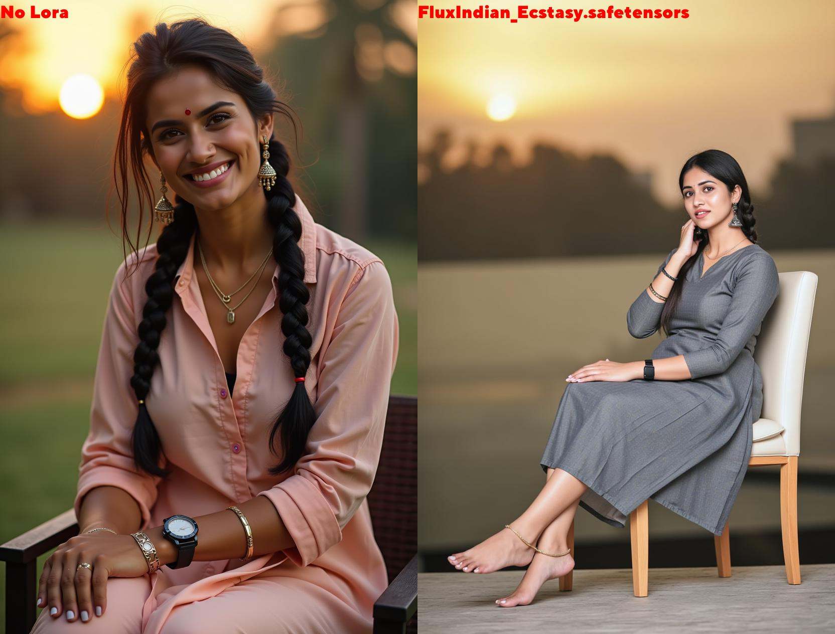 Full size image of an indian woman from head to toe. She is sitting on a chair. She is wearing kurta and an ankle length l...