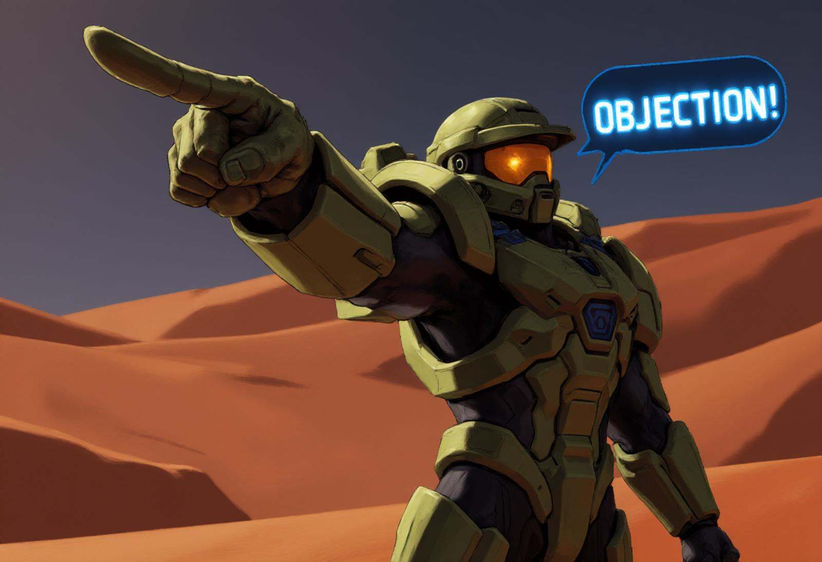 pwobjectionpose,  Master Chief on the surface of the planet Mars pointing his index finger with confidence and authority....